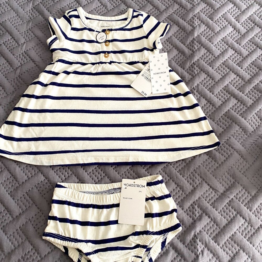 Nordstrom NWT Baby 3M Two Piece Set White Blue Stripe Dress
